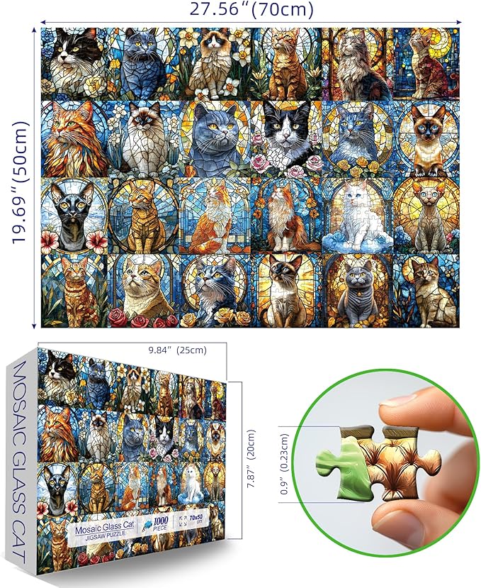 Blueforest 1000 Piece Puzzle for Adults - Stained Glass Cats Mosaic Art | Challenging Jigsaw Puzzle with Poster, Game Night Gift (27.6x19.7 Inch)
