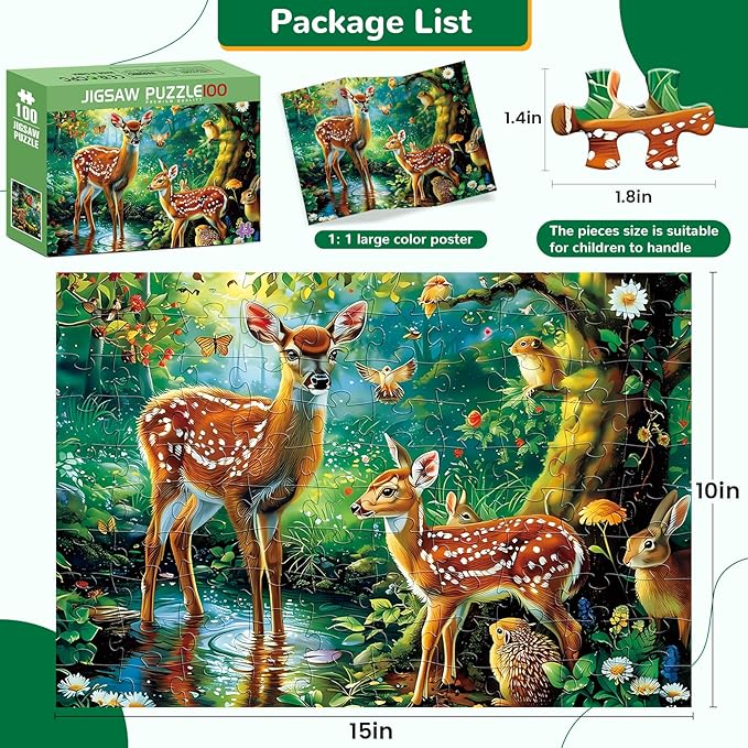 Puzzles for Kids Ages 4-8, 100 Piece Puzzles Kids Puzzles Ages 4-6 6-8 8-10 Deer Animal Jigsaw Puzzle Toys Educational Puzzle Floor Puzzles Birthday Gifts for Girls and Boys