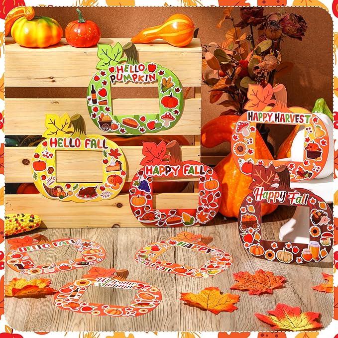 Jetec 48 Sets Fall DIY Picture Frames Craft Kit Autumn Thanksgiving Pumpkin Photo Frames Ornaments for Thanksgiving Decorations Favor Fall Art Gift Home Activities