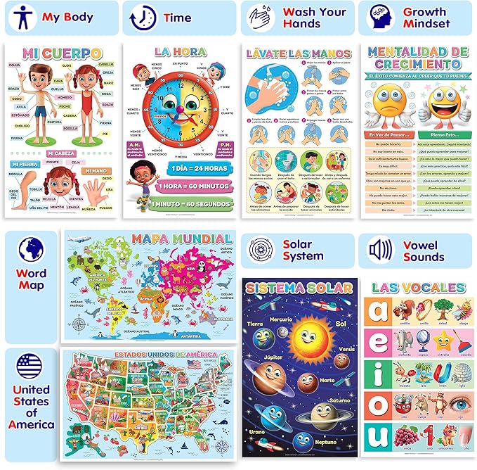 DeeDee's Workshop 16 Spanish Classroom Posters - Spanish Learning for Kids, Abecedario para Niños en Español, Days of the Week & Calendar