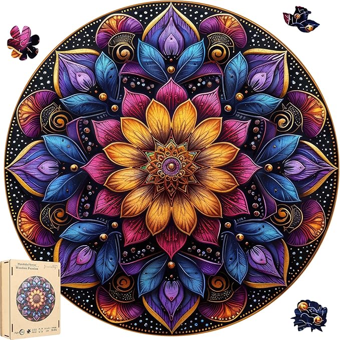 Mandela Wooden Jigsaw Puzzles - Flower Puzzles for Adults 500 Pcs, 16.7'' x 16.7''Unique Shaped Wood Puzzle, Beautiful Package for Halloween, Best Gift for Adults and Kids, Family Game