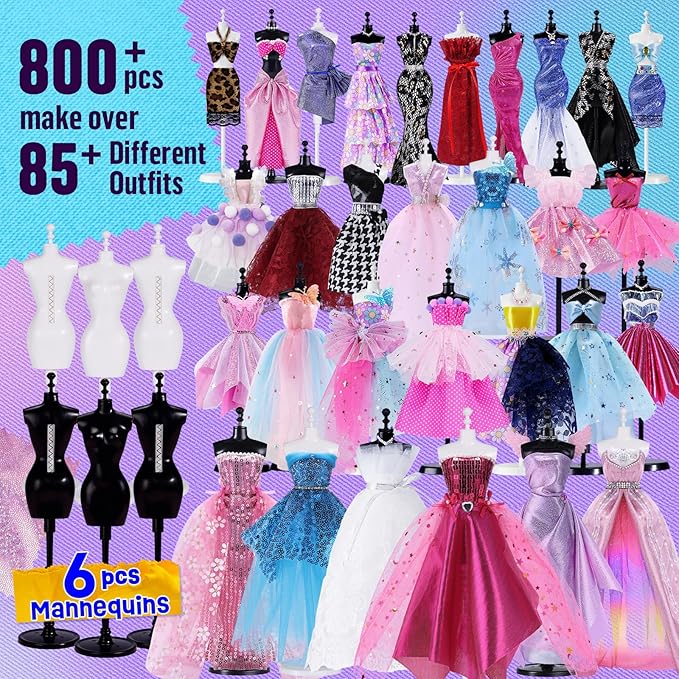 ONE TO FOUR 800+Pcs - Fashion Designer Kit for Girls with 6 Mannequins - Arts and Crafts Kit- Sewing Kit for Kid Ages 8-12 -Girl Gift Age 6 7 8 9 10 11 12-Gifts for Teen Girls