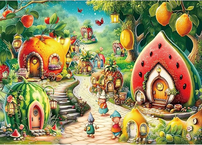 Fantasy Fruit Village Jigsaw Puzzle for Adults1000 Pieces Whimsical Fairy Tale Garden Scene Colorful Watermelon Citrus Houses Enchanted Forest Challenging Puzzle Game for Adults (27.6"x19.7")