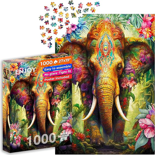Flower Elephant in Tropical Forest – 1000 Pieces Jigsaw Puzzle for Adults – Matte Finish, Soft Touch, Easy to Assemble, Tight Fit, Vivid Colors, Missing Pieces Service