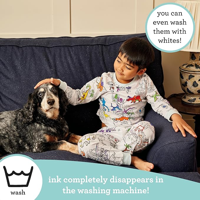 eatsleepdoodle coloring pajamas for boys and girls, with 10 washable markers, Kids Colorable Pajama 100% cotton