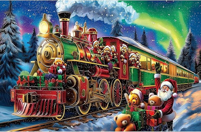 Christmas Train 500 Piece Jigsaw Puzzle for Adults Holiday Northern Lights Winter Town Scene Santa Puzzle Cute Bears Festive Fun Gift Family Games for Adults Seniors & Families (23x15in)