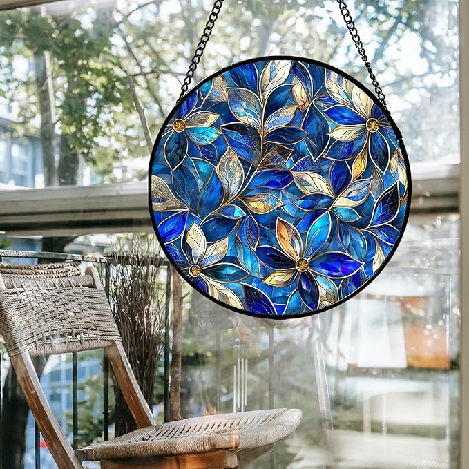 Stained Glass Window Hanging - Blue Gold Abstract Flowers Suncatcher for Door Terrace Garden Home Decor, Plant Sun Catcher Birthday Gifts for Lovers Women Men Dad Mom Nana 15 in