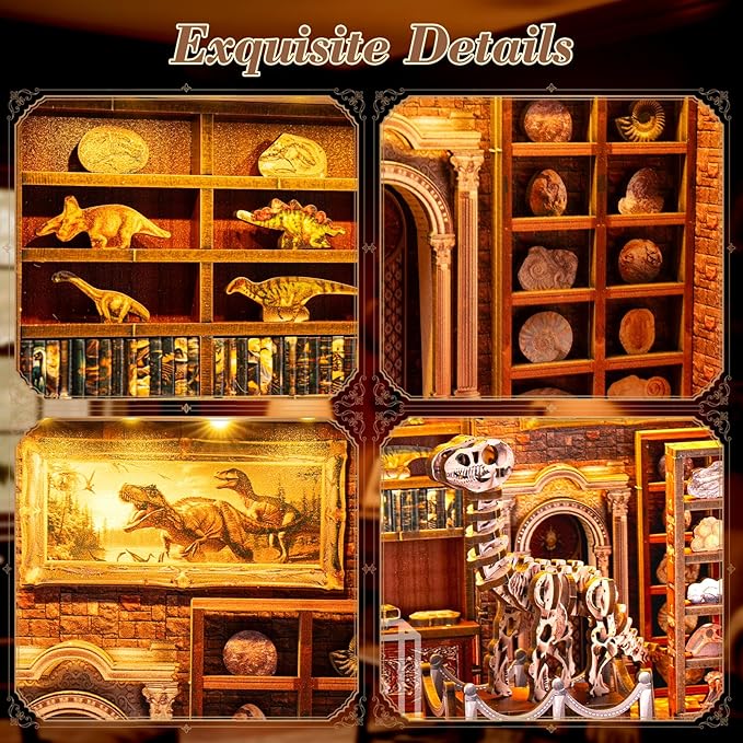 Book Nook Kit,3D Wood Puzzle LED Light DIY Miniature House Kit for Adults,Teens and Beginners, Dollhouse Bookshelf Decor Tiny Houses to Live in for Adults,Gifts for Family,Friends（Dinosaur Museum）