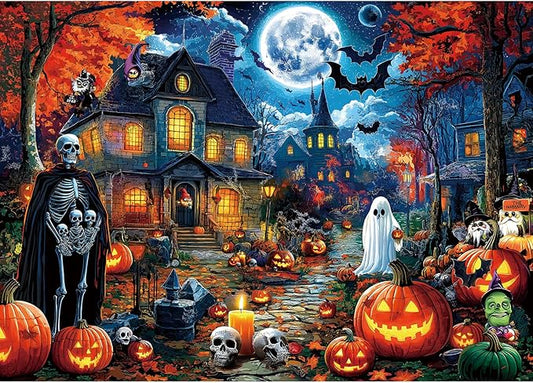 Halloween Night Puzzles for Adults 1000 Pieces Haunted Mansion Scene Jigsaw Puzzles with Full Moon, Horror House Ghosts Challenging Unique for Adults & Families