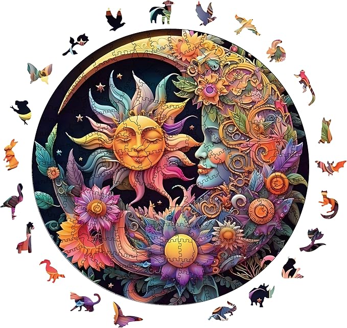Wooden Puzzles for Adults, 200 Pieces Sun and Moon Uniquely Irregular Animal Shaped Wooden Jigsaw Puzzles, Creative Gift for Teenagers and Adults