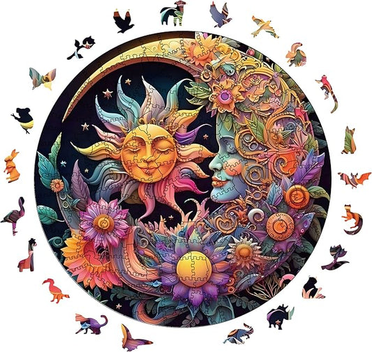 Wooden Puzzles for Adults, 200 Pieces Sun and Moon Uniquely Irregular Animal Shaped Wooden Jigsaw Puzzles, Creative Gift for Teenagers and Adults