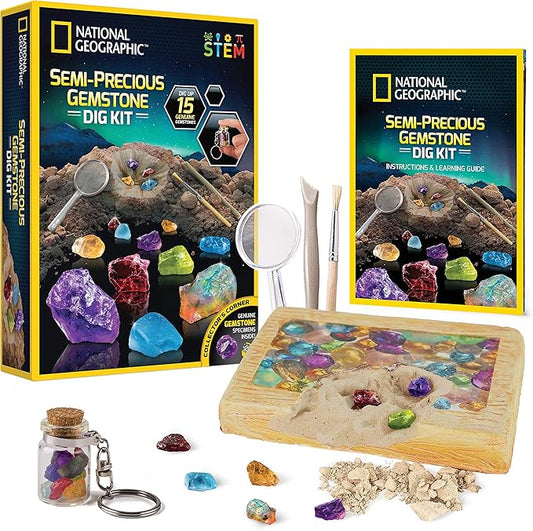 National Geographic Semi-Precious Gemstone Dig Kit for Kids - 15 Gems Including Amethyst, Garnet, Opal, Blue Topaz, and More