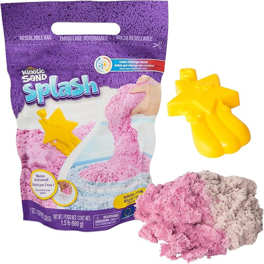 Kinetic Sand Splash, 1.5lb White-Pink Color-Change Play Sand & Character Mold, Resealable Bag, Toddler Toys, Kids Toys for Girls & Boys Ages 3 and up