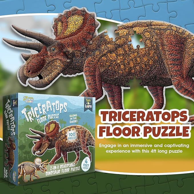 Triceratops Dinosaur Jigsaw Puzzle | 100-Piece Double Sided Floor Puzzle with Glow-in-The-Dark Skeleton On Other Side | 4 FT Scientifically Accurate Dino Illustration | Educational Toy for Kids