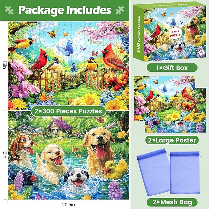 2 Pack 300 Pieces Puzzle for Adults,Bird Jigsaw Puzzles 300 Pieces Dog Puzzle Hummingbird Puzzles 300 Piece for Adults Kids Seniors Premium Cardboard Bird Lover Puzzles