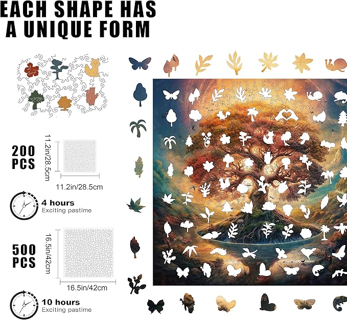 Wooden Jigsaw Puzzle for Adults and Kids Unique Shape Wood Colorful Beautiful Box Fun Challenge Brain Health Family Game Creative Gift for Friends Rompecabezas Madera(Tree of Life 200pcs)