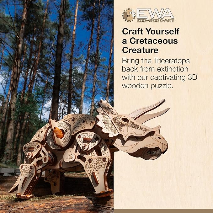 3D Wooden Puzzle - Triceratops 3D Puzzle with Wind Up Rubber Band Mechanism, Moving Legs, Head & Tail - 3D Wooden Puzzles for 15 yrs Above & Adults - Model Building Kits by Eco Wood Art, 283 Pieces