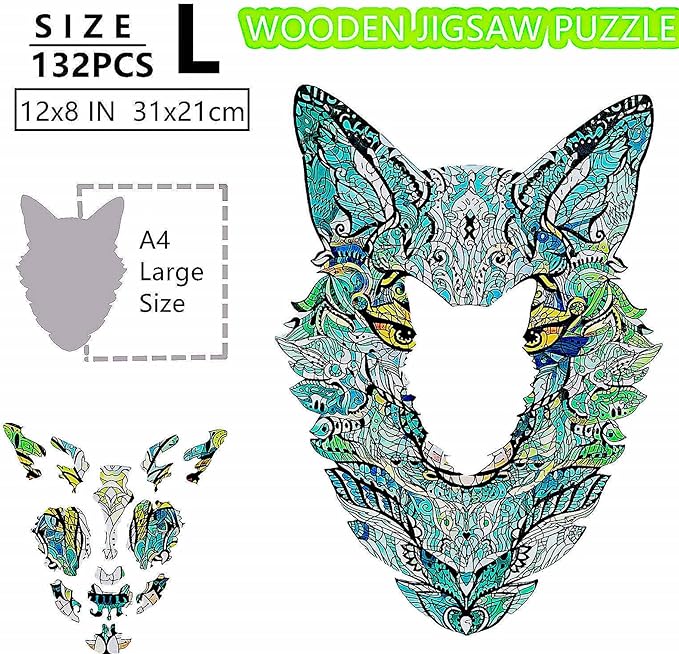 Wooden Jigsaw Puzzle for Adults,Unique Fox Wolf Animals Shaped Magic Jigsaw Puzzle Pieces Best Gift for Adults,Can be Used as a Cool Mouse Pad,132pcs,(12x8 inches) Large