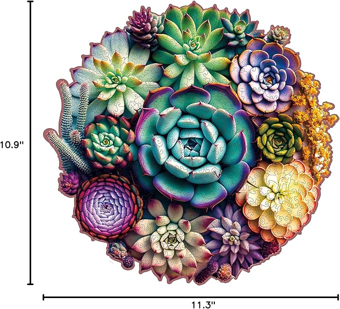 Mys Aurora Wooden Jigsaw Puzzles - Mandala Succulent Plants, 200 Piece Luxurious Shaped Wooden Puzzles for Adults and Kids, Family Game, Medium 11.3'' x 10.9''