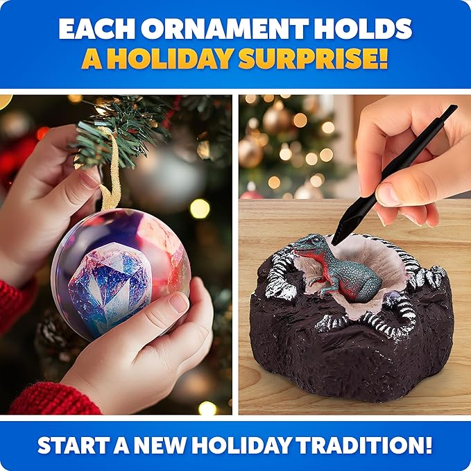 Blue Marble Science Surprise Christmas Ornament Dig Kits – 4 Ornaments with Mini Gemstone and Dinosaur Dig Bricks, Includes Digging Tools and Learning Guide