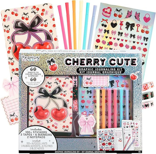 Fashion Angels Cherry Cute Graphic Journaling Kit, DIY Stationery & Writing Set with Journal, Notepads & More, Creative Arts & Crafts Gift for Ages 8+