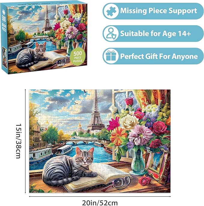 500 Pieces Puzzle for Adults Puzzle Cat Paris Puzzle for Elderly Children, Recycled Paper Jigsaw Puzzle 500 Pieces Challenging Puzzle Family Game Gift for Friends, Finished Size is 21x15 in
