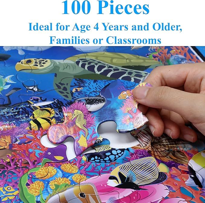 Think2Master Colorful Ocean Life 100 Pieces Jigsaw Puzzle Fun Educational Toy for Kids, School & Families. Great Gift for Boys & Girls Ages 4-8 to Stimulate Learning. Size:23.4” X 16.5”
