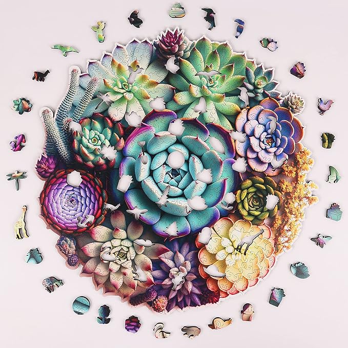 Mys Aurora Wooden Jigsaw Puzzles - Mandala Succulent Plants, 200 Piece Luxurious Shaped Wooden Puzzles for Adults and Kids, Family Game, Medium 11.3'' x 10.9''