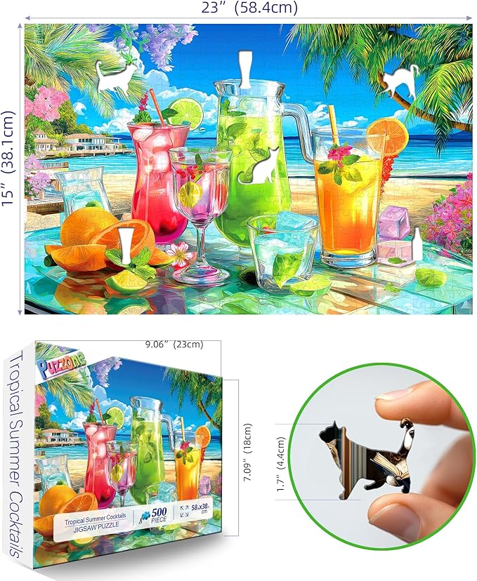 Tropical Beach Cocktails 500 Piece Puzzle for Adults Fun Colorful Summer Drinks Large Piece Puzzles for Seniors Letter on Back Home Decor Birthday Party Gift (27.5"x19.6")