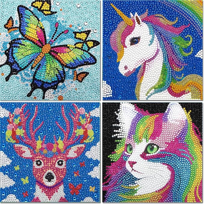 Libfx Diamond Art Kits for Kids 4 PCS Diamond Art for Girls Boys Beginners Arts and Crafts for Kids Ages 8-12 (Cat Butterfly Unicorn Deer)