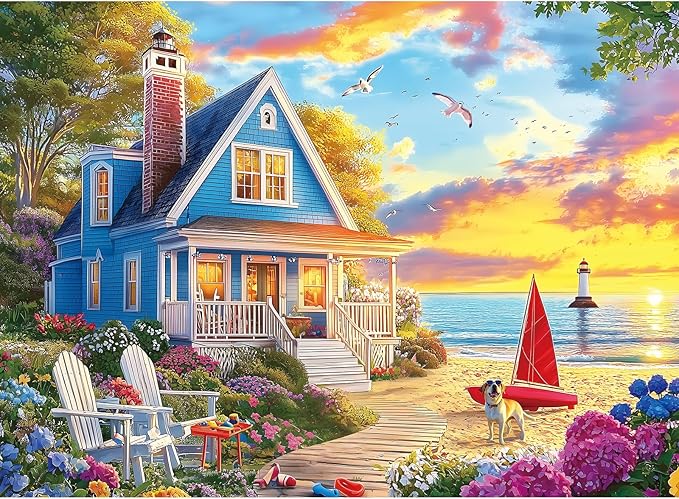 300 Piece Jigsaw Puzzle for Adults – Charming Beach House, Sailboat & Playful Dog – Fun Perfection Game, Premium Puzzle for Relaxation, Family Activity or Gift (20.5" × 15")
