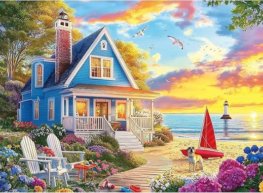 300 Piece Jigsaw Puzzle for Adults – Charming Beach House, Sailboat & Playful Dog – Fun Perfection Game, Premium Puzzle for Relaxation, Family Activity or Gift (20.5" × 15")