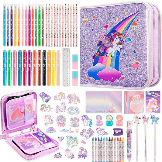 Nicpro 110PCS Unicorn Washable Markers Set with Glitter Pencil Case, Art Supplies for Kids Ages 4-6-8, Arts Crafts Coloring Set with Stickers, Unicorn Birthday Gifts for Girls 4 5 6 7 8 9 Year Old