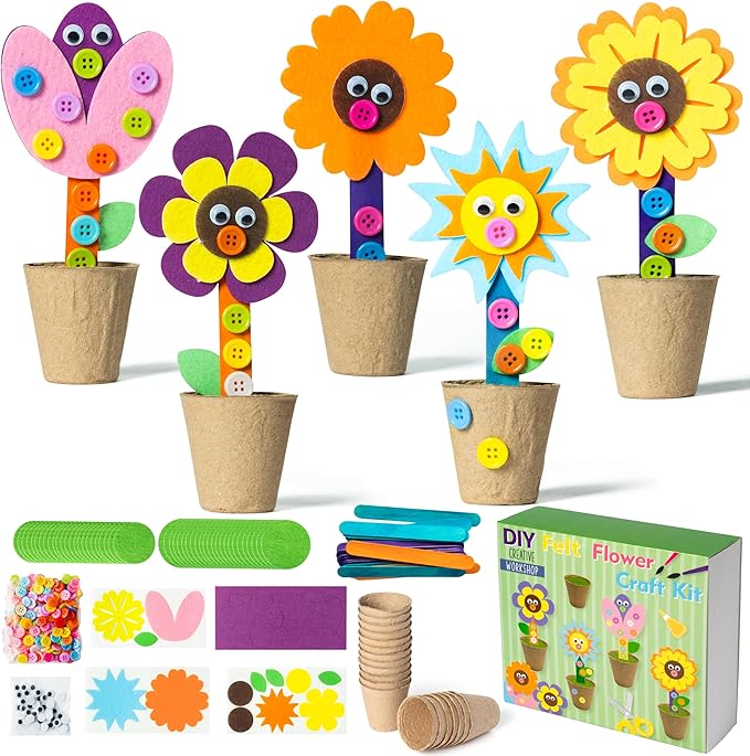 WATINC Mother's Day Spring Felt Flower Craft Kits - Make Your Standing Flowers Gift Crafts with Buttons Flower Pot Decor, DIY Flowers Decorations Home School Fun Activities for Mom Kids (16Pcs)
