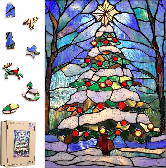 Wooden Puzzles for Adults, Christmas Tree Puzzles 498 Pieces, Unique Shaped Stained Glass Jigsaw Puzzles for Adults and Kids, Birthday Gifts Fun Challenge Family Game 17.3'' x 12.2''