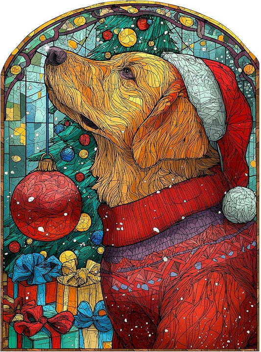 Christmas Jigsaw Puzzles for Adults - Dog with Santa Hat 498 Pcs Unique Shaped Holiday Wood Puzzle with Wooden Storage Box, Festive Family Game Night for Art Lovers 13.5x18.3 Inch