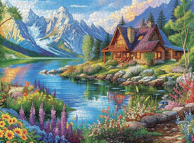 Cross & Glory - Lakeside Serenity - 1000 Piece Jigsaw Puzzle for Adults | Tranquil Mountain Cottage | Ideal for Relaxation and Nature Lovers