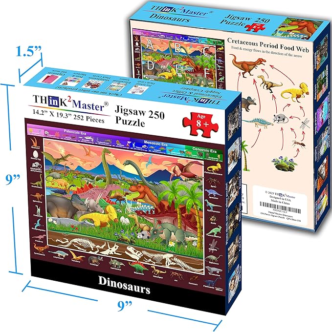 Think2Master Colorful Dinosaurs 250 Pieces Jigsaw Puzzle Fun Educational Toy for Kids, School & Families. Great Gift for Boys & Girls Ages 8+ to Stimulate Learning. Size: 14.2” X 19.3””
