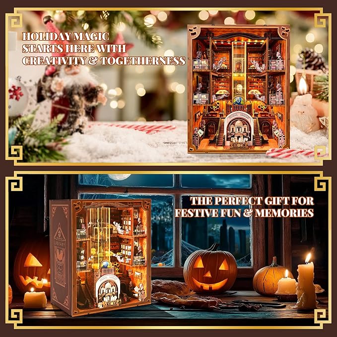 Book Nook Kit - Miniature Dollhouse Booknook for Adults & Teens, 3D Wooden Puzzle Bookshelf Decor with LED Lights (Battery/Type-C), Creative DIY Gift for Book Lovers