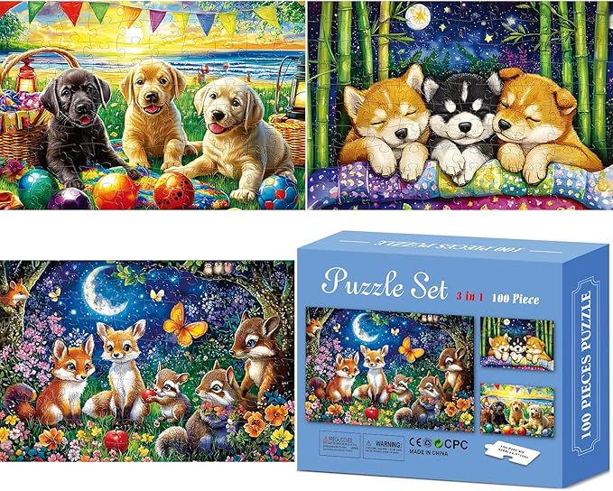 3-Pack 100 Piece Puzzles for Kids,Dogs Foxes Animals Puzzle for Kids Age 4-6 6-8 8-10,Unique Large Piece Jigsaw Puzzle,Recycled Paper,Bright & Colorful Educational Puzzle,Boys Girls Gift for Birthday