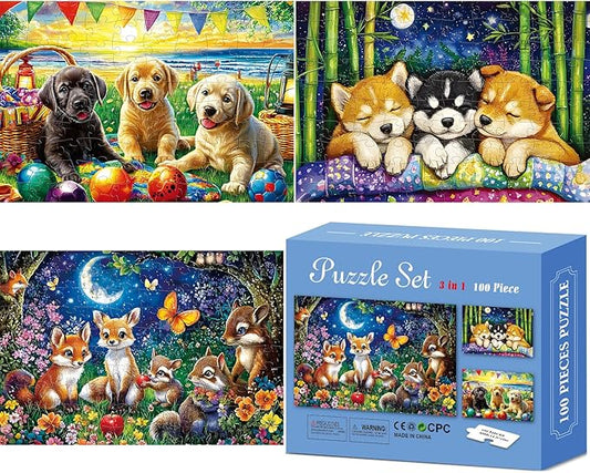 3-Pack 100 Piece Puzzles for Kids,Dogs Foxes Animals Puzzle for Kids Age 4-6 6-8 8-10,Unique Large Piece Jigsaw Puzzle,Recycled Paper,Bright & Colorful Educational Puzzle,Boys Girls Gift for Birthday