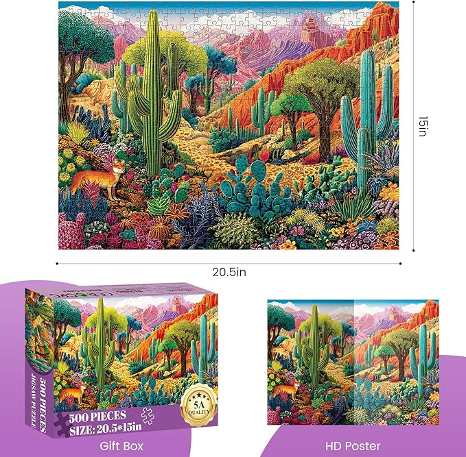 500 Piece Jigsaw Puzzles for Adults, Colorful Desert 500 Piece Puzzle, Vibrant Landscape with Cacti, Fox and Mountains Jigsaw Puzzles, Relaxing Gift for Adults, Kids, Seniors, 20.5 x 15 in