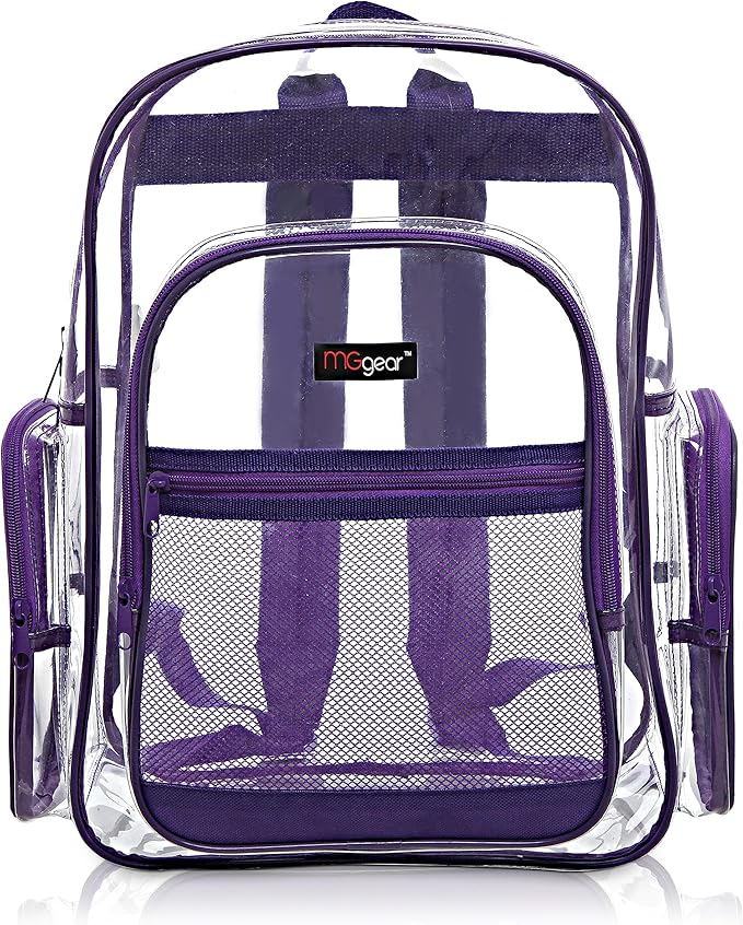 20-Pack Bulk Case Clear Backpack with Purple Trim Stitching, Wholesale 17.5-Inch Heavy Duty PVC Transparent Student Backpack for School Work Stadium Security Travel Sporting Events