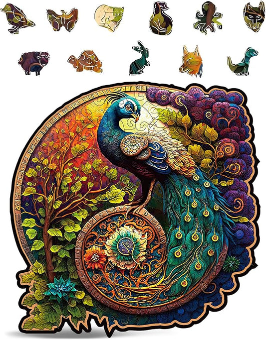 CRAFTHUB Animal Wooden Puzzles for Adults – A4 Peacock Yin Yang with 113 Pieces – Jigsaw Puzzles with Unique Animal Shapes – 7.9" x 7.8"