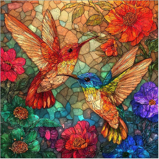 Glass Hummingbird Wooden Puzzles, 200 Pieces Jigsaw Puzzles 11.2 x11.2 inch, Unique Design Wooden Puzzles for Adults and Kids, Family Game Gift