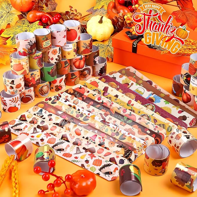 LUYI 144 Pcs Thanksgiving Slap Bracelets，Thanksgiving Party Favors Supplies -36 Different Designs Bracelets Bulk for Thanksgiving Decorations Treat Toys Bag Stuffers Gift