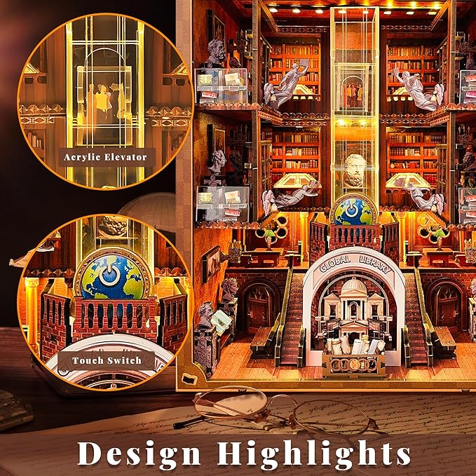 Book Nook Kit - Miniature Dollhouse Booknook for Adults & Teens, 3D Wooden Puzzle Bookshelf Decor with LED Lights (Battery/Type-C), Creative DIY Gift for Book Lovers