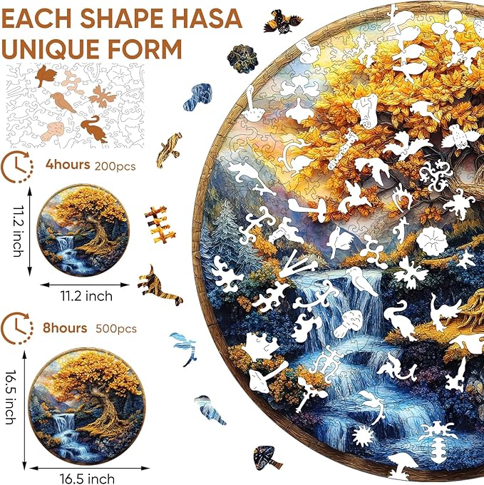 Puzzles for Adults, Tree of Life Waterfall River Wooden Jigsaw Puzzles 200 Pieces Unique Shape Adult Puzzles, Irregular Wood Creative Gift for Adults Family Game(11.2x11.2 in)