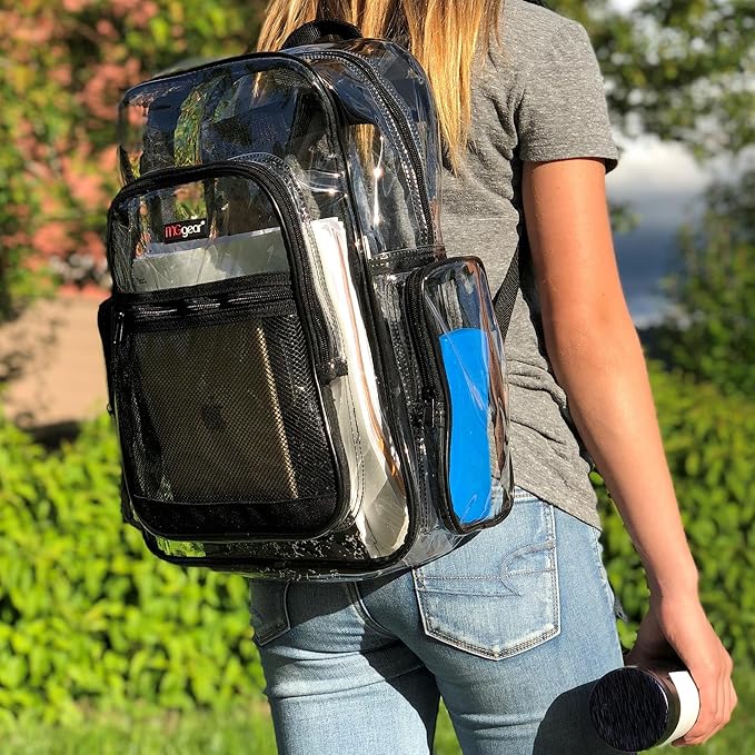 Wholesale Bulk Case 20-Pack Clear Backpack with Black Trim - 17 Inch Large Heavy Duty Transparent School Bags for Student Work Travel Stadium Security