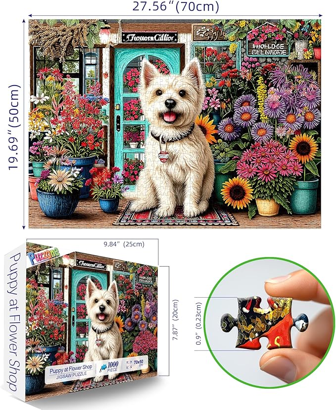 Dog Flower Shop 1000 Piece Jigsaw Puzzle for Adults Colorful Garden Scene Sunflowers Challenging Puzzle for Family Game Night Gifts & Home Decor for Puzzle Lovers (27.6" x 19.7")